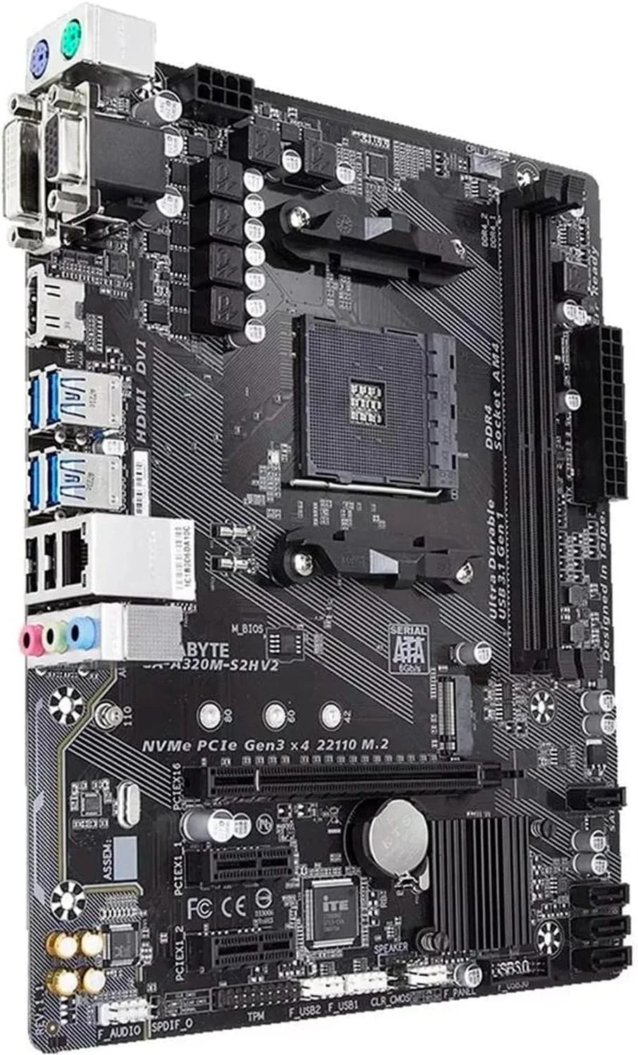 مادربرد GIGABYTE GA-A320M-S2H (AMD Ryzen AM4/MicroATX/2xDDR4/HDMI/Realtek ALC887/3xPCIe/USB3.1 Gen 1/LAN)