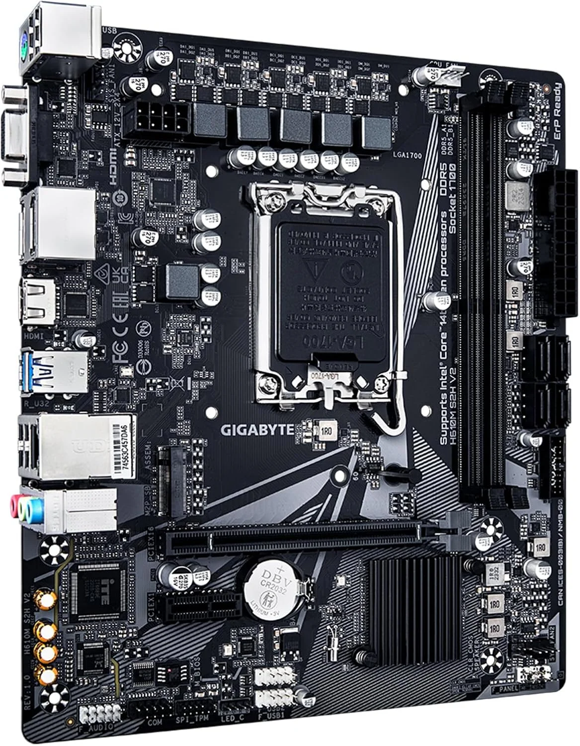 مادربرد GIGABYTE H610M S2H V2، پشتیبانی از پردازنده های نسل 14/13/12 اینتل Core (LGA 1700)، mATX، DDR5، 1x M.2، PCIe 4.0، USB-C، HDMI، 2x DisplayPort، D-Sub، 1GbE LAN