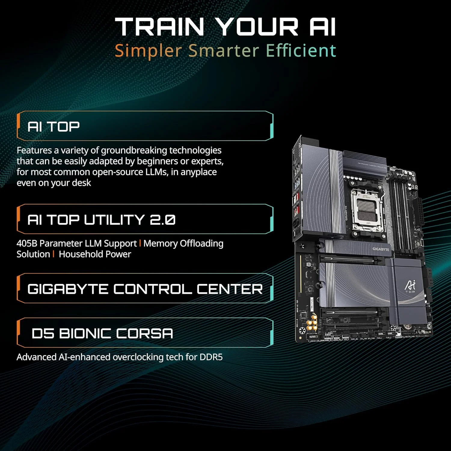 مادربرد GIGABYTE B850 AI TOP AMD AM5 LGA 1718، ATX، DDR5، 3X M.2، PCIe 5.0، USB-C، WIFI7، 10GbE LAN، EZ-Latch