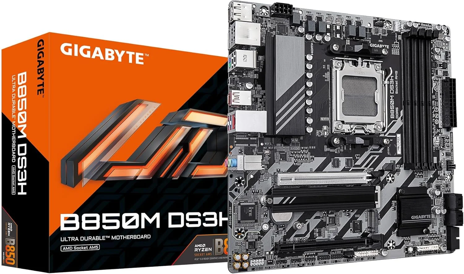 مادربرد GIGABYTE B850M DS3H AMD AM5 LGA 1718، mATX، DDR5، 2X M.2، PCIe 5.0، USB-C، LAN 2.5GbE، EZ-Latch، 5 ساله