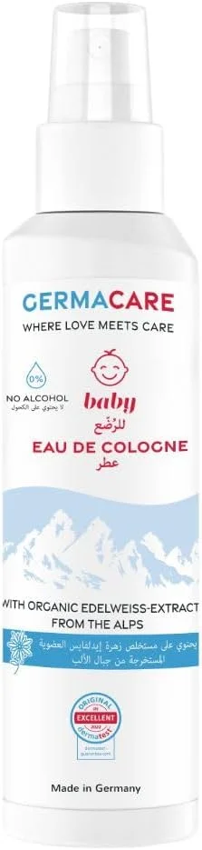 ادکلن کودک ژرماکر، مناسب نوزادان، PH 5.5، حاوی عصاره گیاه ادلوایس ارگانیک از کوه های آلپ، بدون الکل، ترکیبی عالی از رایحه، 150 میلی لیتر