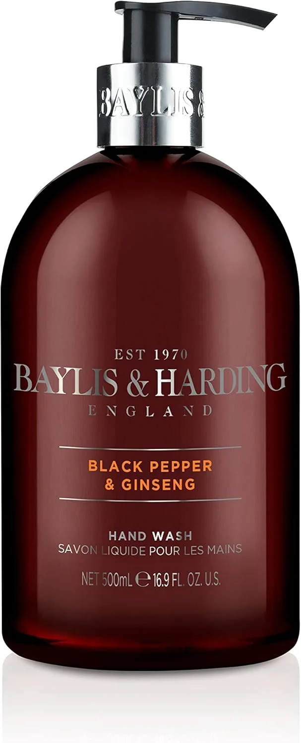 مایع دستشویی فلفل سیاه و جینسینگ Baylis & Harding، 500 میلی لیتر | غنی شده با ویتامین | رایحه مشک‌دار و مردانه با ترنج | رایحه ماندگار | فاقد پارابن