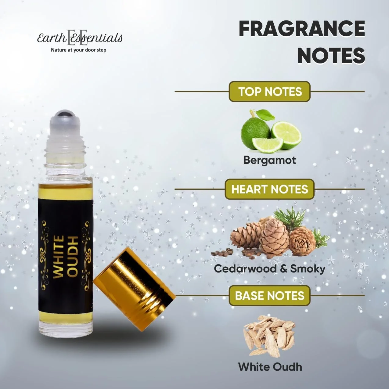 عطر رولی مُخلّط عود سفید Earth Essentials، بدون الکل، رایحه لوکس ماندگار با رایحه مرکبات، چوب سدر و نت های عود تند، رایحه مردانه، بی خطر برای پوست، 8 میلی لیتر، بسته 1 عددی