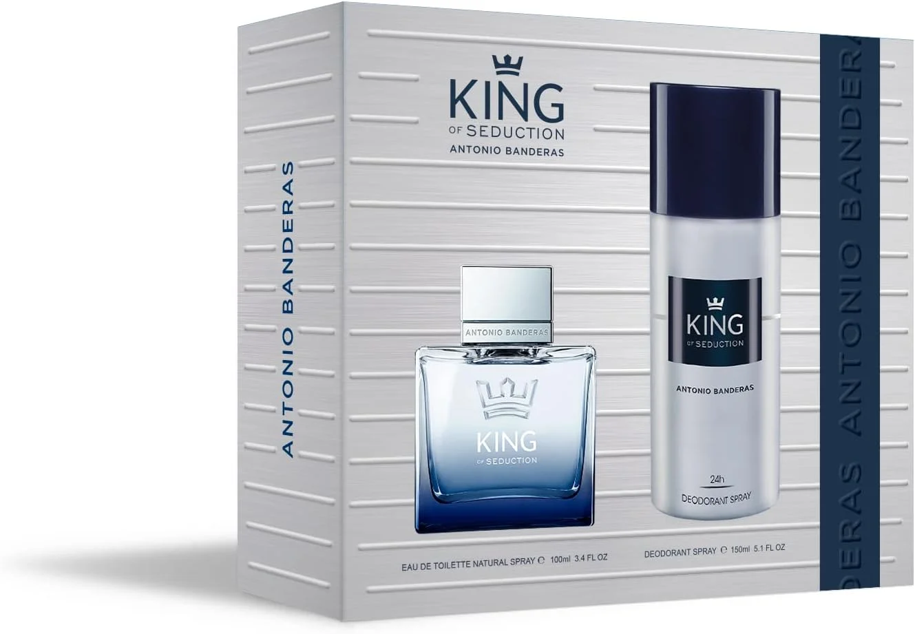 ست هدیه ادو تویلت مردانه King of Seduction از Banderas، حجم 100 میلی لیتر به همراه اسپری دئودورانت 150 میلی لیتر - ماندگاری طولانی - رایحه مردانه، قوی و پرانرژی - با رایحه های ترنج و سیب - ایده آل برای استفاده روزانه