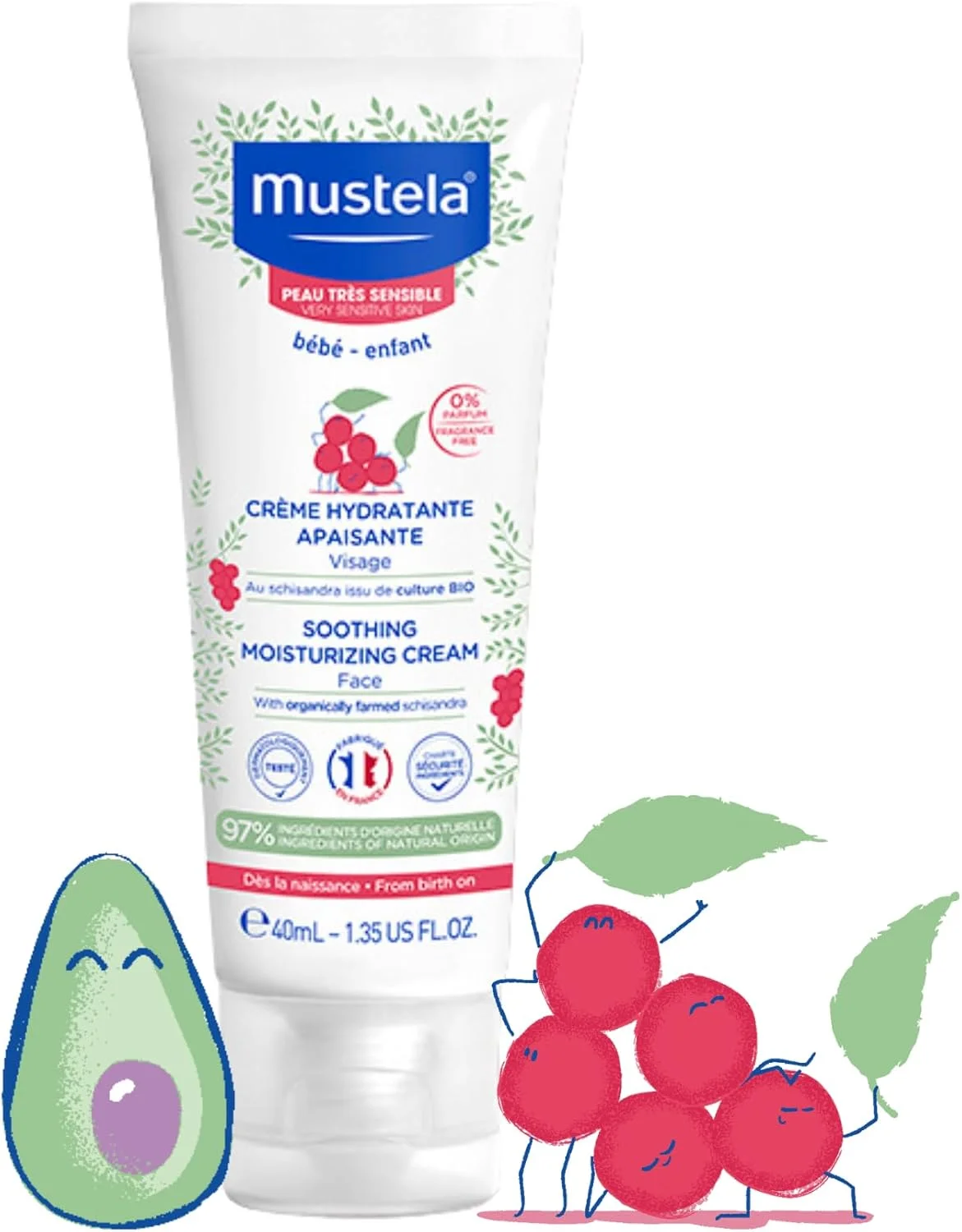 کرم مرطوب کننده تسکین دهنده صورت کودک موستلا - مرطوب کننده صورت برای پوست های بسیار حساس - حاوی آووکادو طبیعی و عصاره شیزاندرا - بدون عطر - 40 میلی لیتر