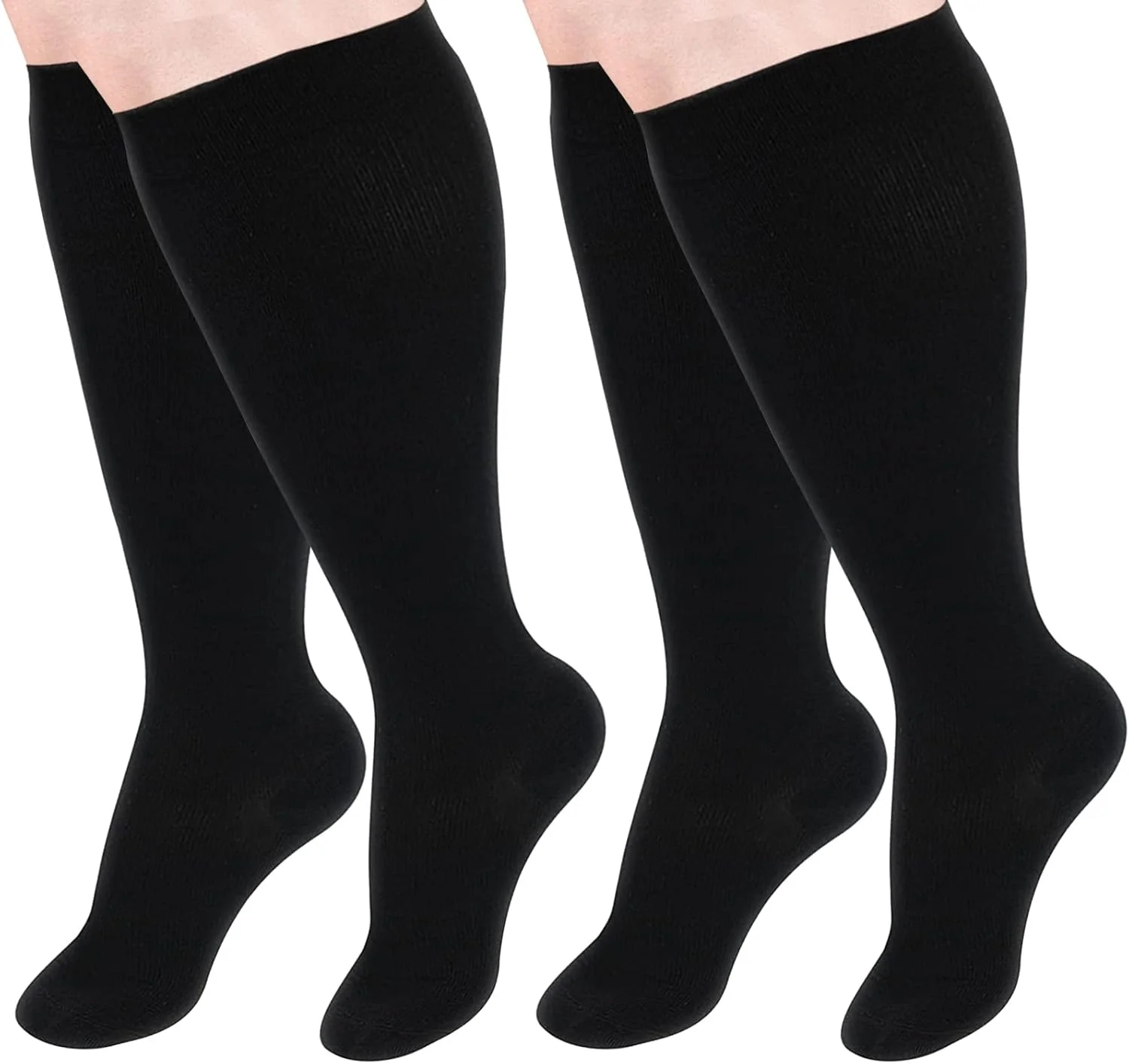دو جفت جوراب ساق بلند فشاری سایز بزرگ برای آقایان و بانوان، جوراب های ساپورت ساق پهن و خیلی بزرگ مناسب ورزش، دویدن، دوچرخه سواری، فعالیت های ورزشی، پیاده روی، پرستاری