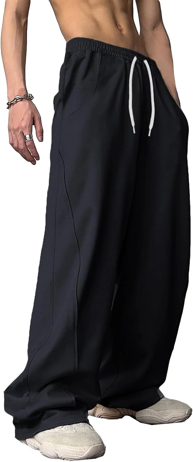 شلوار جاگر مردانه WZIKAI، مدل گشاد، کمر کشی، بند دار، پاچه پهن، مناسب استایل کژوال و آزاد، دارای جیب