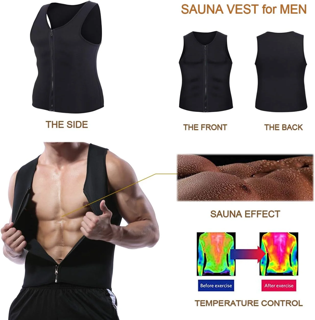 تاپ تمرینی مردانه نئوپرن، جلیقه لاغری، گن لاغری، تاپ تانک زیپ دار، فرم دهنده بدن، مناسب باشگاه و تعریق