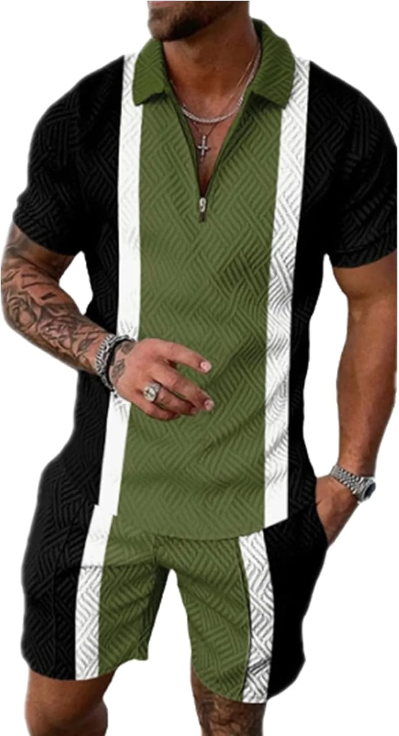 ست دو تکه مردانه تابستانی 2024، لباس ورزشی باشگاهی تابستانی، پولوشرت آستین کوتاه زیپ‌دار و ست دو تکه.