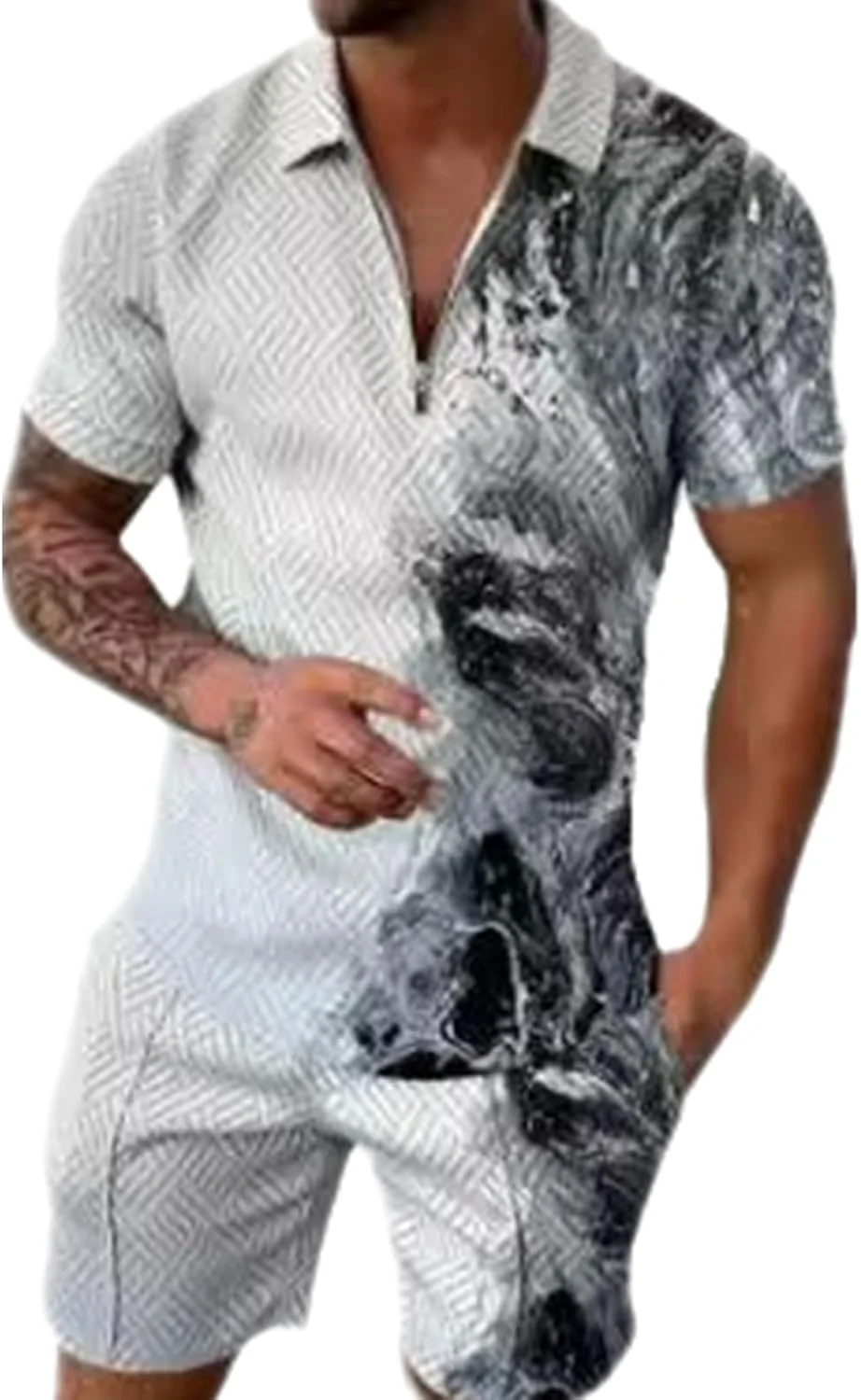 ست دو تکه مردانه تابستانی 2024، لباس ورزشی باشگاهی تابستانی، پولوشرت آستین کوتاه زیپ‌دار و ست دو تکه.