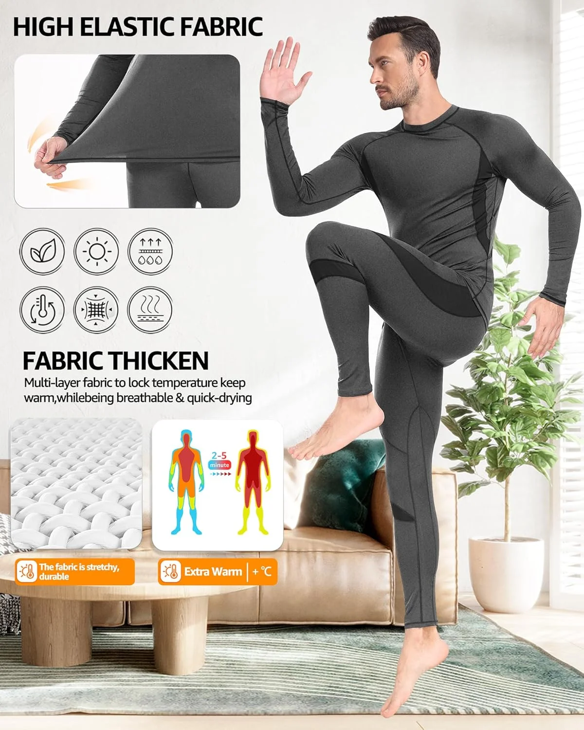 لباس زیر حرارتی مردانه نسخه ارتقا یافته UNIQUEBELLA، تنفسی، خشک‌شونده سریع، لباس زیر کاربردی مردانه، ست لباس زیر اسکی انعطاف‌پذیر - لباس زیر حرارتی گرم زمستانی