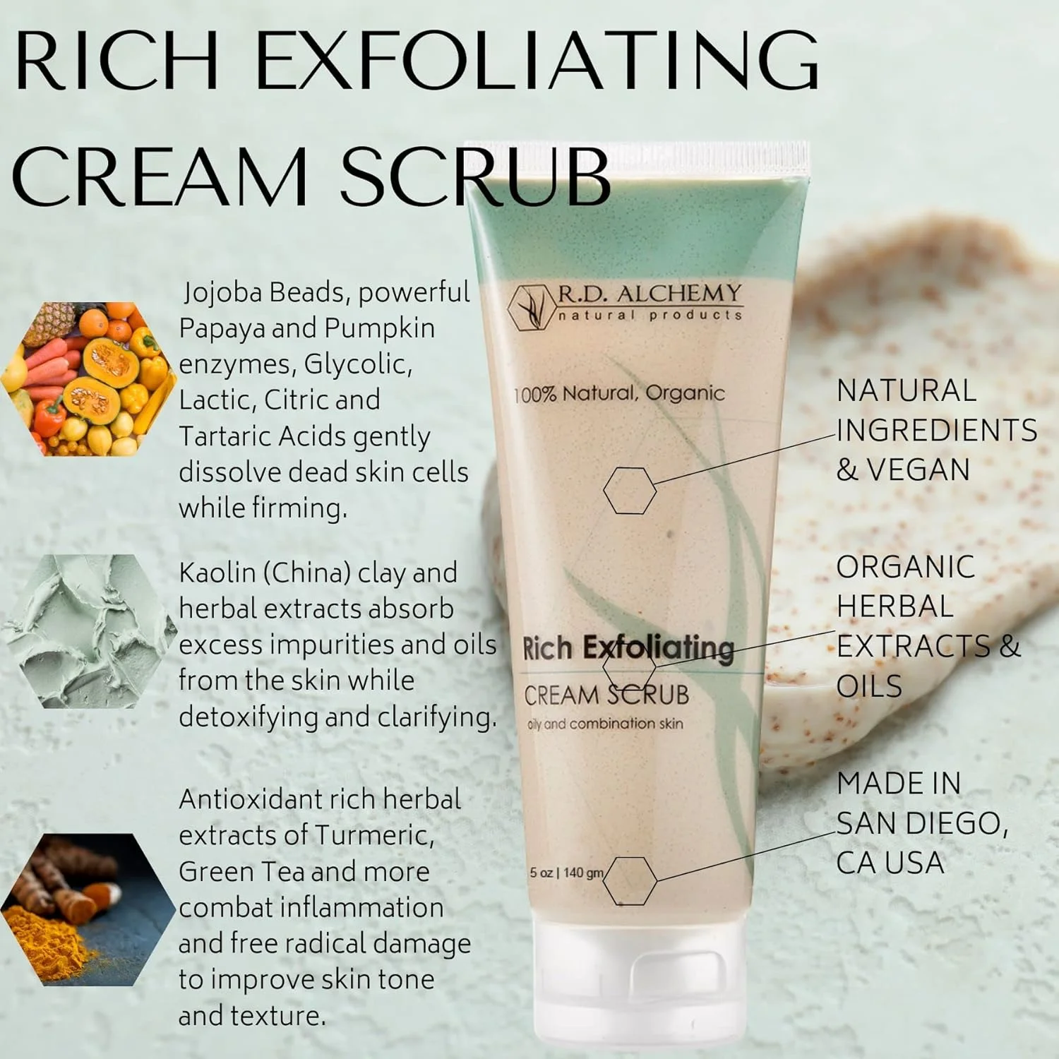 اسکراب کرمی لایه بردار غنی صورت 100% طبیعی و ارگانیک - لایه بردار ملایم برای پوست های کدر و خشک. آلفا هیدروکسی اسیدها + دانه های جوجوبا لایه برداری و روشن می کنند با کدو تنبل و پاپایا، در حالی که خطوط ریز و چین و چروک را کاهش می دهند.