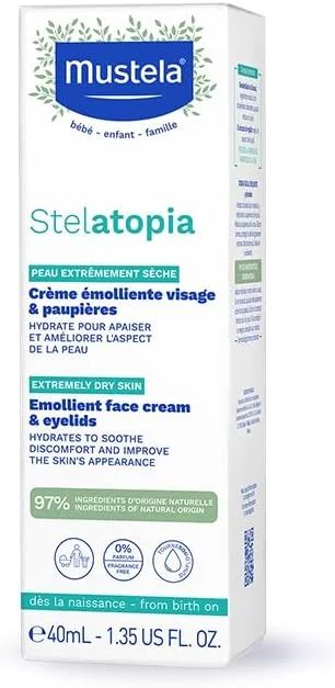 کرم نرم کننده صورت کودک Mustela Stelatopia برای پوست مستعد اگزما - مرطوب کننده صورت با آووکادو طبیعی و روغن آفتابگردان - بدون عطر - 40 میلی لیتر
