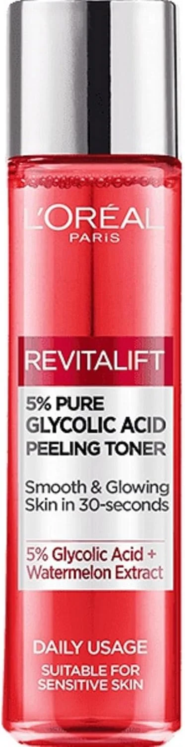 تونر لایه بردار لورآل پاریس با 5% گلیکولیک اسید برای درخشش پوست، تونر صورت برای لایه برداری ملایم و لکه های رنگدانه ای خفیف، تونر لایه بردار Revitalift، 1 عدد 180 میلی لیتر
