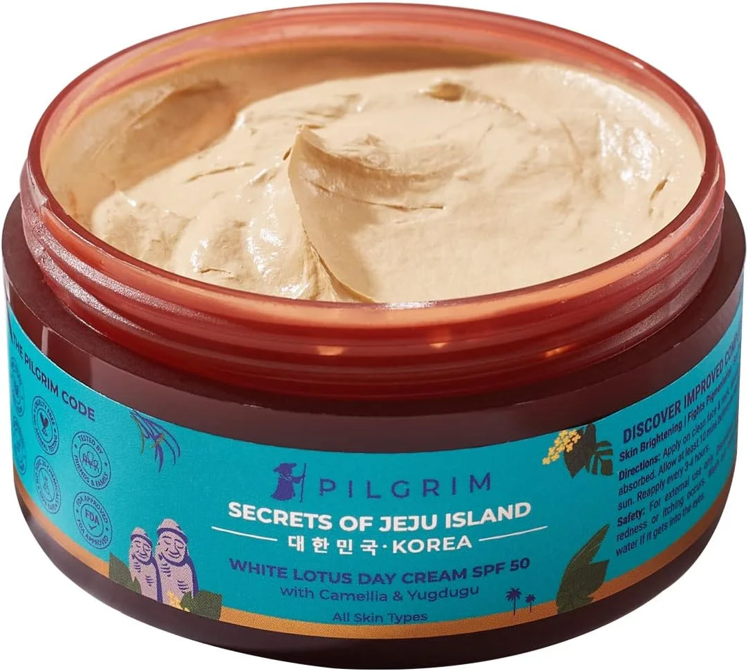کرم روز لوتوس سفید PILGRIM SPF 50 | کرم روز لوتوس سفید برای استفاده روزانه بانوان | کرم صورت برای پوست خشک، پوست حساس و پوست چرب | مراقبت از پوست کره ای | 100 گرم