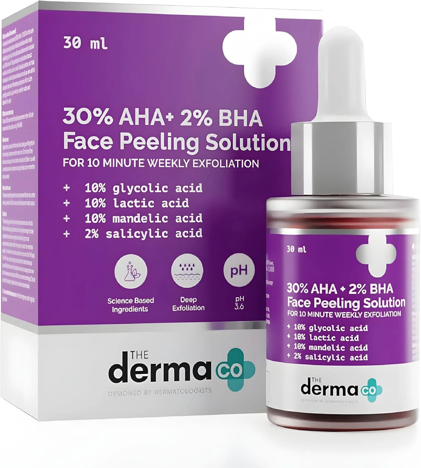 محلول لایه بردار صورت 30% AHA + 2% BHA The Derma Co برای لایه برداری پوست، بهبود بافت و جای جوش | حاوی گلیکولیک، لاکتیک و سالیسیلیک اسید | استفاده هفتگی | مناسب برای انواع پوست - 30 میلی لیتر