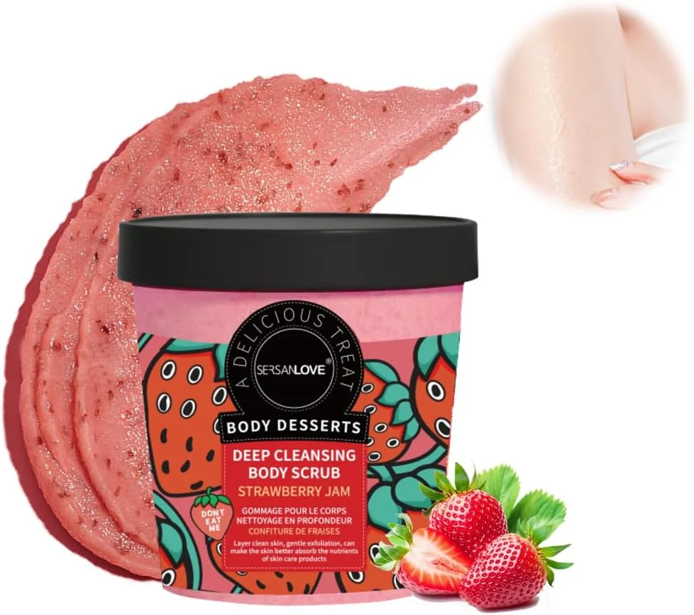 اسکراب بدن آزونه، لایه بردار ملایم صورت و بدن، بافت مرطوب کننده بستنی، روشن کننده و مغذی پوست، اسکراب لایه بردار بدن با عصاره طبیعی توت فرنگی، 220 گرم