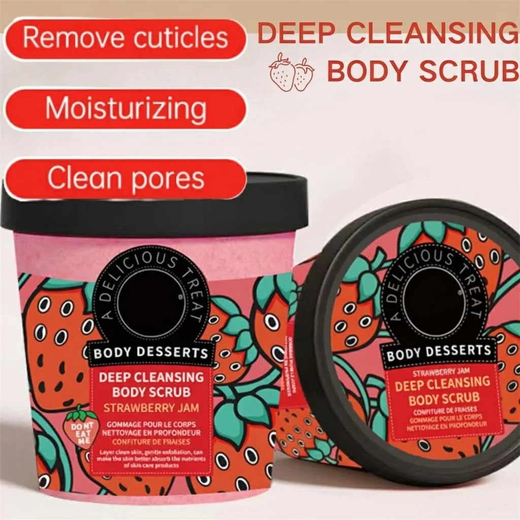 اسکراب بدن آزونه، لایه بردار ملایم صورت و بدن، بافت مرطوب کننده بستنی، روشن کننده و مغذی پوست، اسکراب لایه بردار بدن با عصاره طبیعی توت فرنگی، 220 گرم