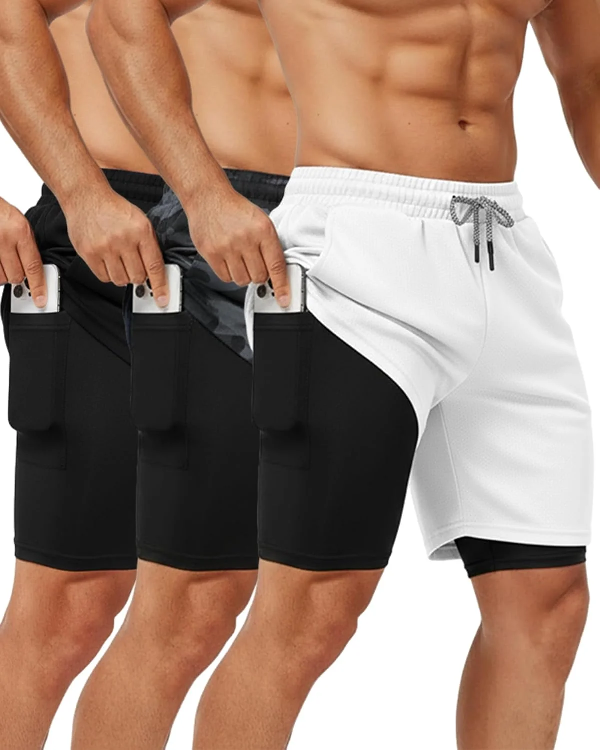 شورت ورزشی مردانه Sureio مدل 2 در 1، مناسب دویدن، 7 اینچ، با قابلیت خشک شدن سریع، دارای جیب موبایل و حلقه آویز حوله - بسته 3 عددی