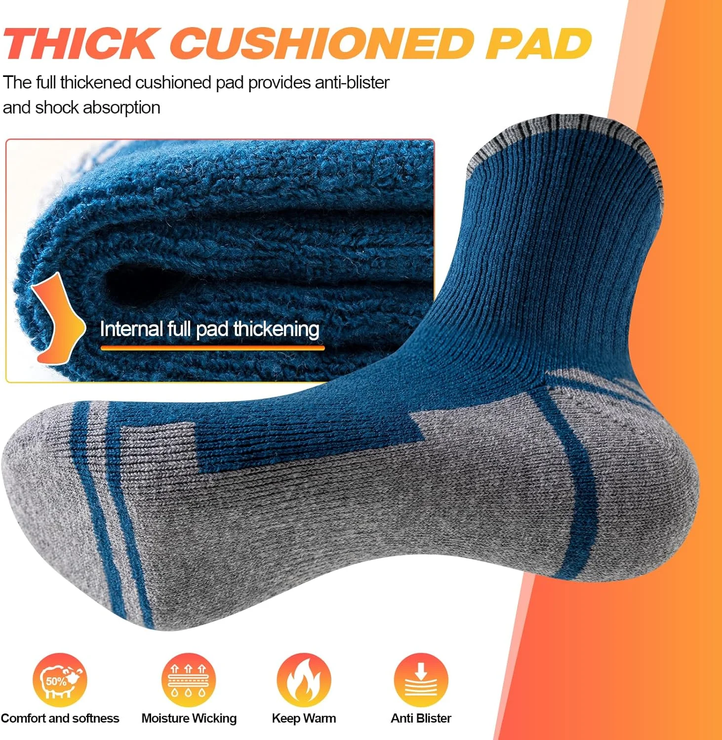 جوراب‌های پیاده‌روی مردانه با بالشتک، جوراب‌های پشمی مرینوس تنفسی مناسب ورزش، کار و دویدن، 3 جفت