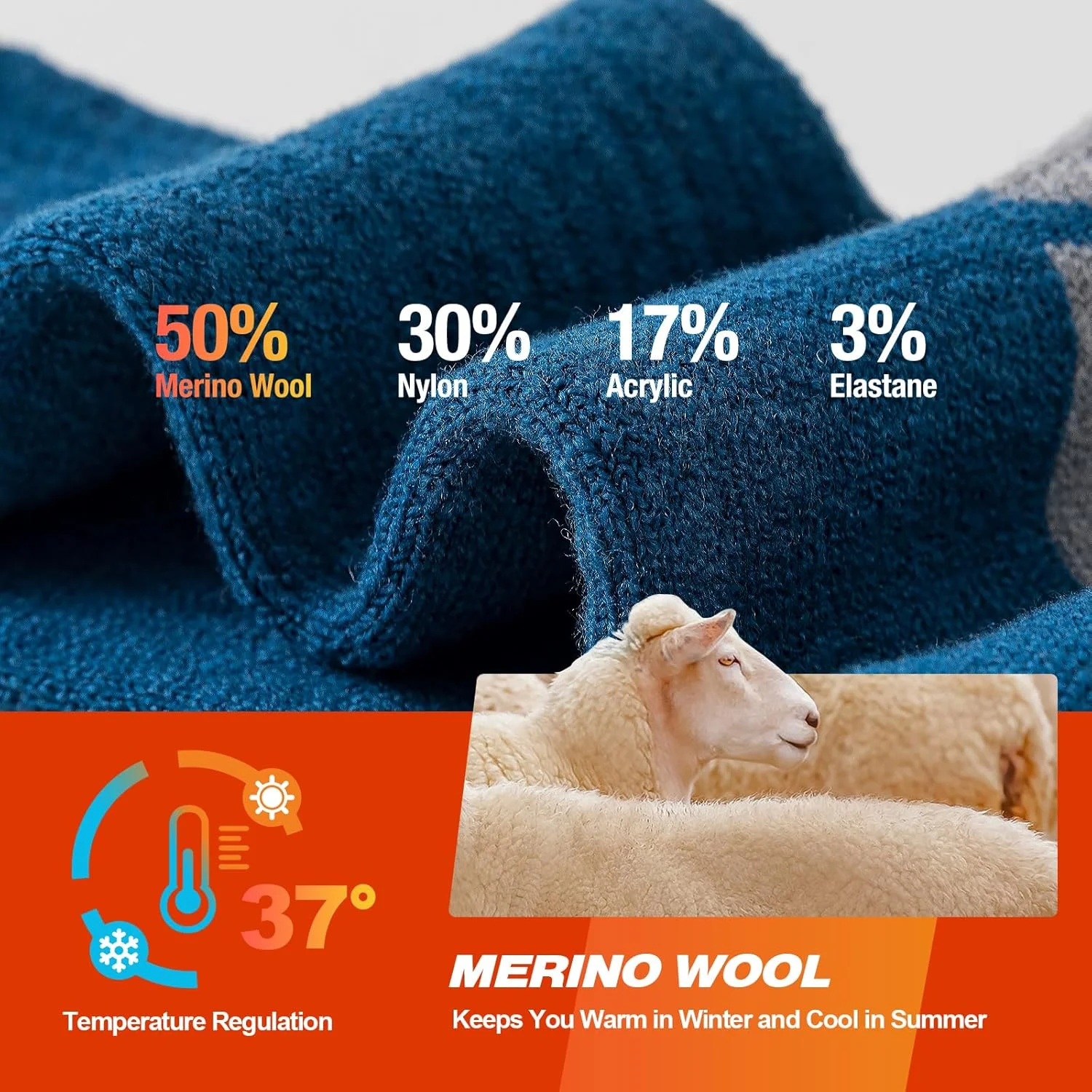 جوراب‌های پیاده‌روی مردانه با بالشتک، جوراب‌های پشمی مرینوس تنفسی مناسب ورزش، کار و دویدن، 3 جفت