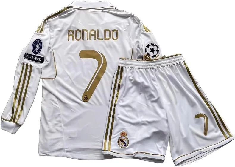 ست لباس فوتبال رترو رئال مادرید فصل 2011/2012 با نام رو'نالدو شماره 7 - مناسب آقایان، نوجوانان و کودکان (شامل تیشرت آستین بلند و شورت) - لباس ورزشی فوتبال تنفسی