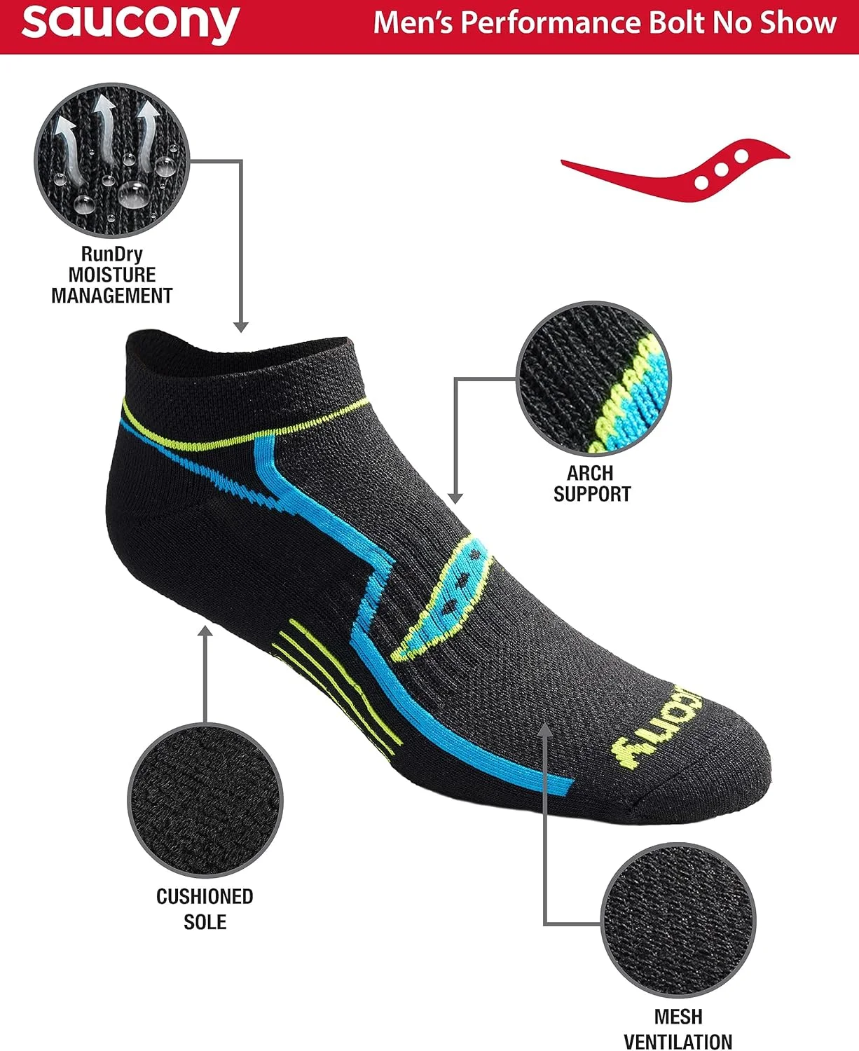 جوراب مردانه ساکونی مدل Bolt Performance Comfort Fit بدون ساق مناسب دویدن (بسته 12 عددی)