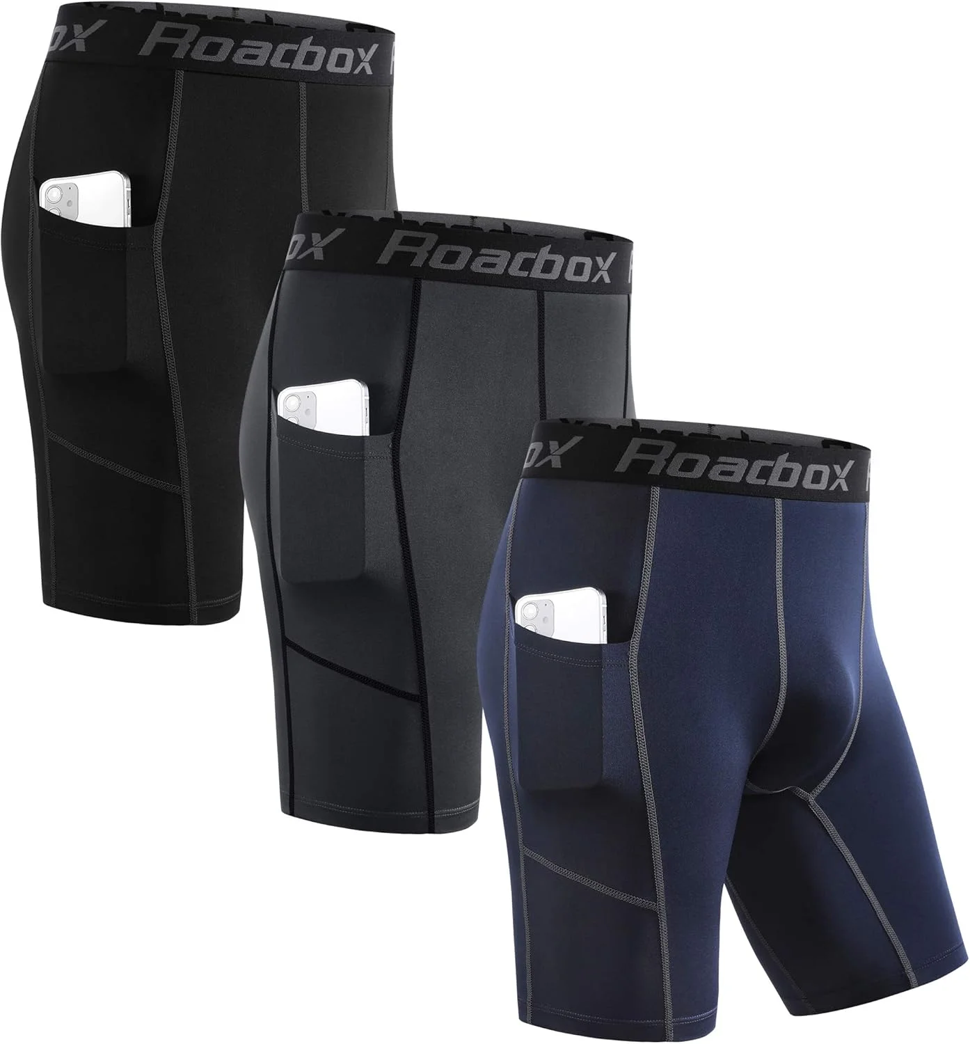 شورت فشاری مردانه Roadbox، بسته 3 عددی، شورت زیرپوش ورزشی، پارچه با قابلیت خشک شدن سریع، محافظت از پوست پا، مناسب برای دویدن، باشگاه، شورت، دوچرخه سواری