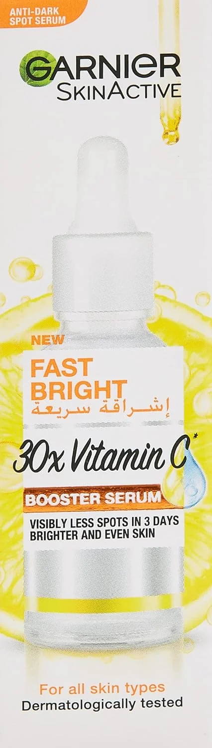 سرم صورت روشن کننده سریع گارنیه، روشن کننده پوست 30 برابر، برای پوستی بدون لک، حاوی ویتامین C و نیاسینامید، SkinActive، 15 میلی لیتر