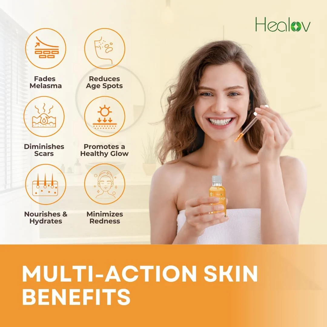 سرم کوجیک اسید - روشن کننده پوست برای لک ها، هایپرپیگمنتیشن و تغییر رنگ پوست - روغن صورت کاهش دهنده آکنه، جای زخم و یکنواخت کننده رنگ پوست - سرم درخشان کننده و اصلاح کننده لک های تیره