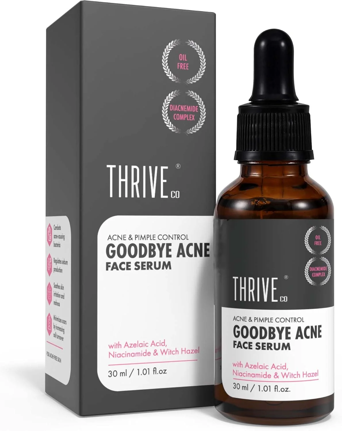 سرم صورت ThriveCo Goodbye Acne™ برای جوش ها | کاهش باکتری های مولد آکنه و تولید سبوم | سرم ضد آکنه فاقد چربی حاوی دیاسنامید | مناسب آقایان و بانوان، 30 میلی لیتر