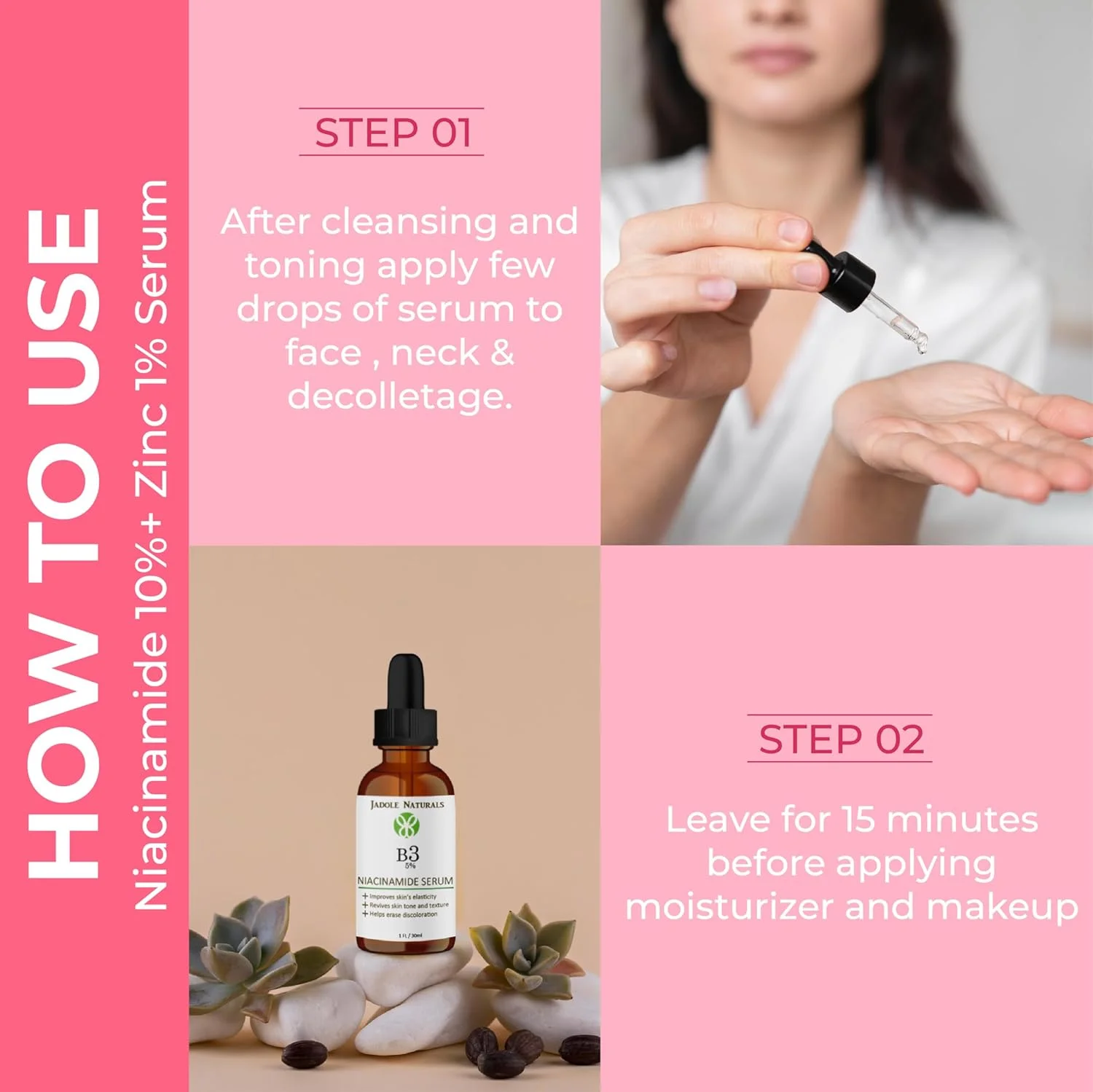 سرم پیشرفته نیاسینامید 10% Jadole Naturals با زینک 1% - 30 میلی لیتر | کوچک کننده منافذ، افزایش خاصیت ارتجاعی پوست، بهبود بافت و رنگ پوست | سرم صورت ضد پیری برای پوستی شفاف تر و سالم تر