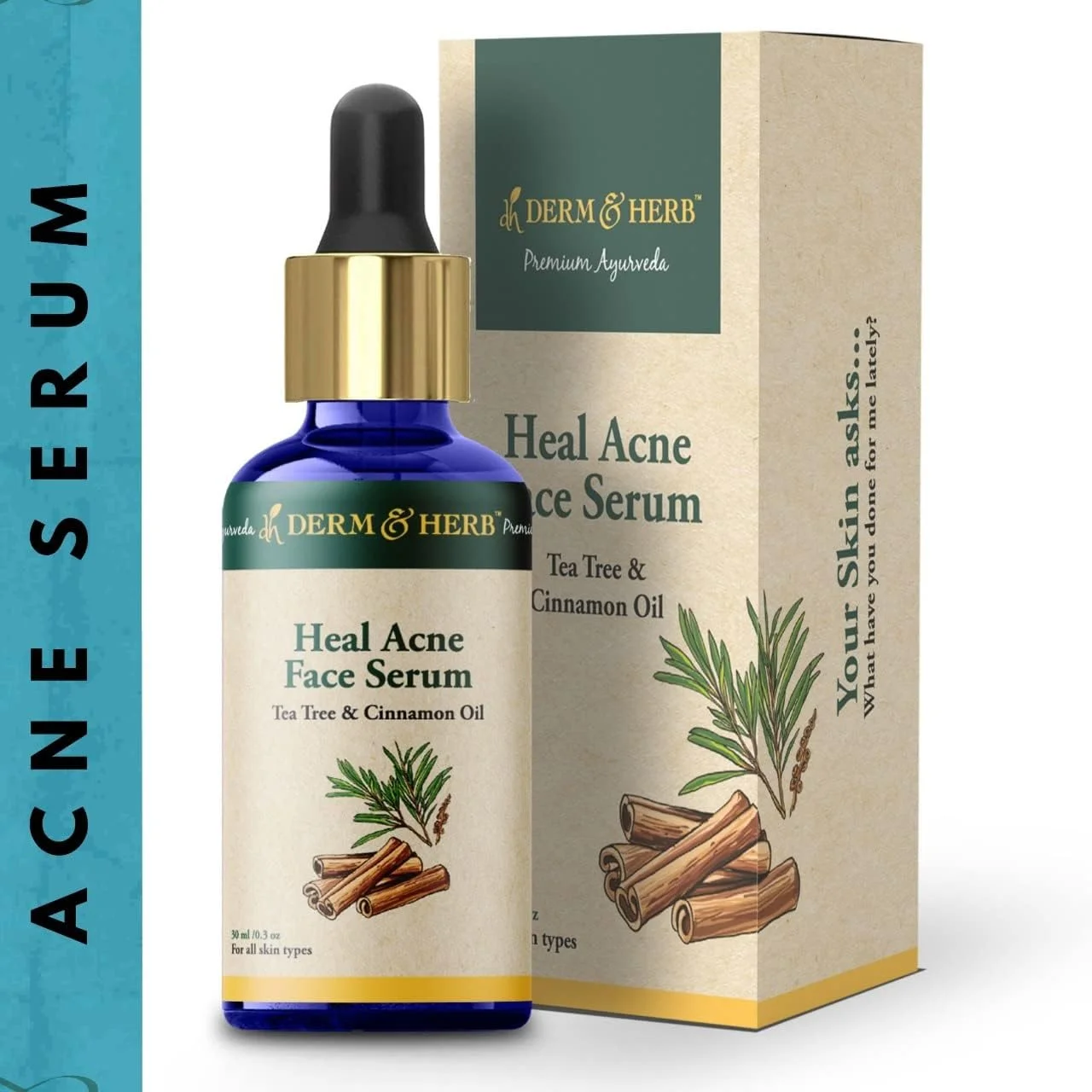 سرم صورت ضد جوش Derm & Herb حاوی درخت چای و دارچین برای کاهش جای جوش | فاقد چربی | مناسب آقایان و بانوان | 30 میلی لیتر