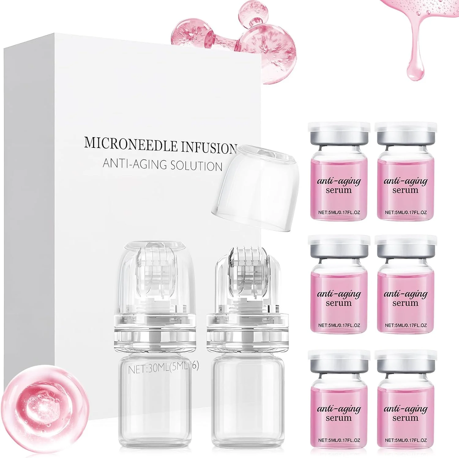 مجموعه میکرونیدلینگ صورت، سیستم میکرو اینفیوژن برای صورت، شامل 6 سرم میکرونیدلینگ و 2 غلتک، میکرو اینفیوژن برای ضد پیری، سرم صاف کننده چروک صورت