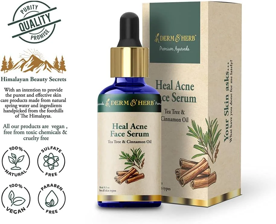 سرم صورت ضد جوش Derm & Herb حاوی درخت چای و دارچین برای کاهش جای جوش | فاقد چربی | مناسب آقایان و بانوان | 30 میلی لیتر