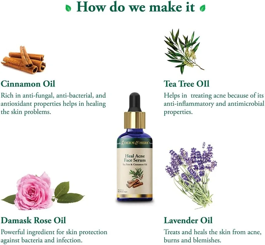 سرم صورت ضد جوش Derm & Herb حاوی درخت چای و دارچین برای کاهش جای جوش | فاقد چربی | مناسب آقایان و بانوان | 30 میلی لیتر