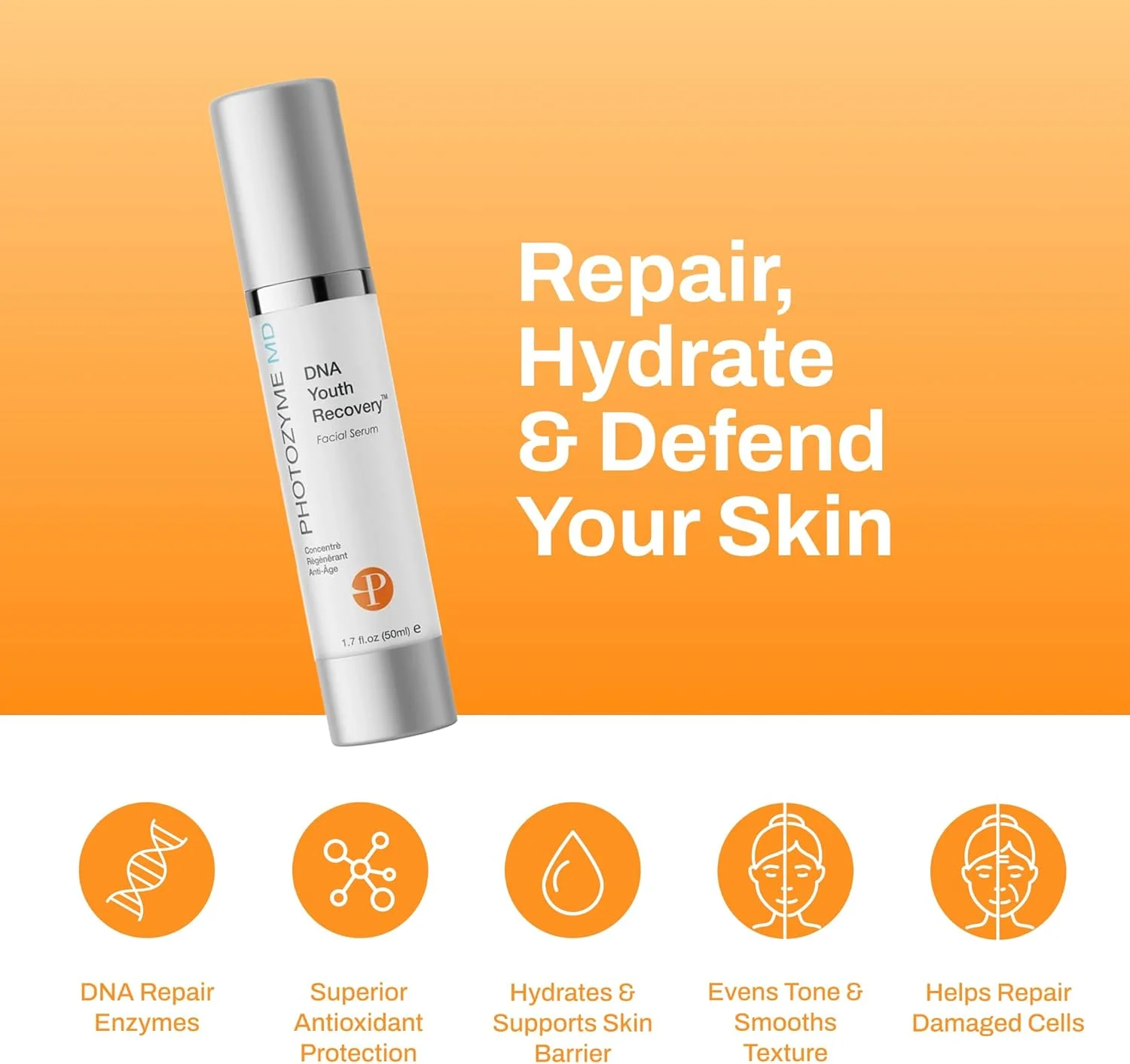 سرم صورت ترمیم کننده جوانی فوتوزیم، 50 میلی لیتر، برای خطوط ریز، چین و چروک و لکه های ناشی از آسیب نور خورشید