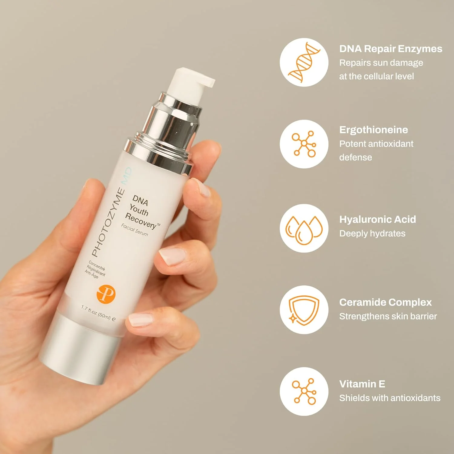 سرم صورت ترمیم کننده جوانی فوتوزیم، 50 میلی لیتر، برای خطوط ریز، چین و چروک و لکه های ناشی از آسیب نور خورشید