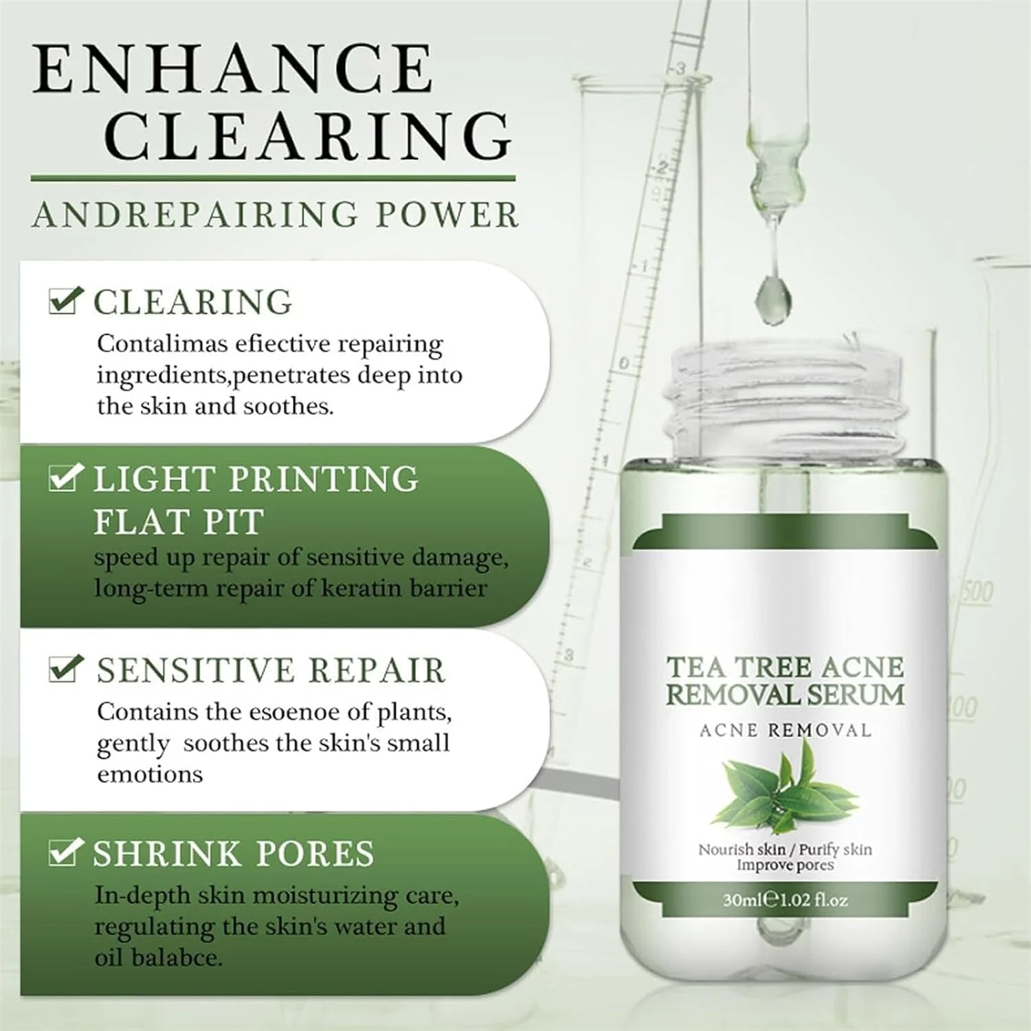 سرم صورت رفع آکنه، مواد طبیعی برای ترمیم حرفه ای آکنه، مرطوب کننده و کوچک کننده منافذ پوست، مناسب نوجوانان و بزرگسالان (1 عدد)