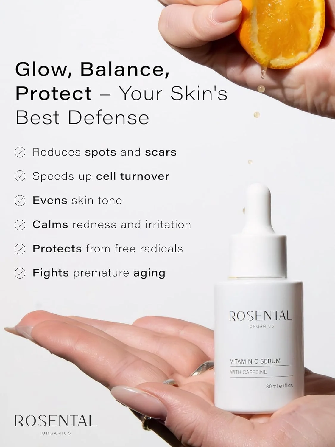 سرم ویتامین C رزنتال ارگانیکس با کافئین (30 میلی لیتر) - سرم آبرسان صورت - ضد لک های تیره و جای جوش - مراقبت روشن کننده صورت - لوازم آرایشی طبیعی - ساخت آلمان