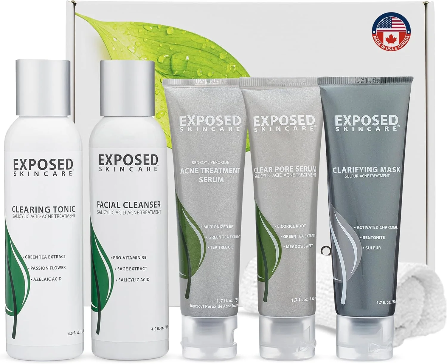 مجموعه مراقبت از پوست در معرض آکنه - شامل پاک کننده صورت، تونیک پاک کننده، سرم درمان آکنه، سرم پاک کننده منافذ، ماسک شفاف کننده، پارچه - محلول طبیعی آکنه برای صورت، تمام سنین و انواع پوست