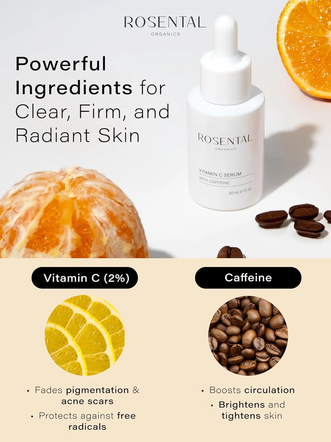 سرم ویتامین C رزنتال ارگانیکس با کافئین (30 میلی لیتر) - سرم آبرسان صورت - ضد لک های تیره و جای جوش - مراقبت روشن کننده صورت - لوازم آرایشی طبیعی - ساخت آلمان