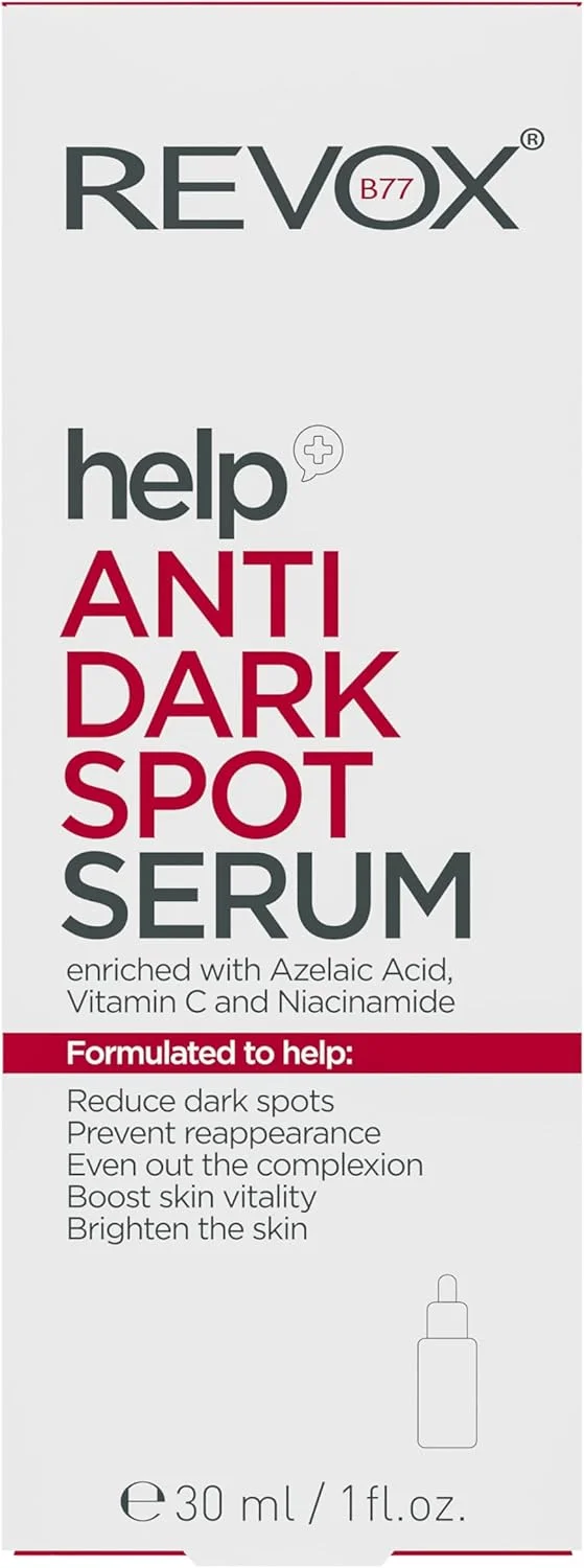 سرم ضد لک REVOX B77 Help، حجم 30 میلی لیتر، سرم ضد لک، کاهش و جلوگیری از ایجاد لک های تیره، به حداقل رساندن جای جوش های رنگدانه دار، یکنواخت کننده رنگ پوست، شاداب کننده و روشن کننده پوست