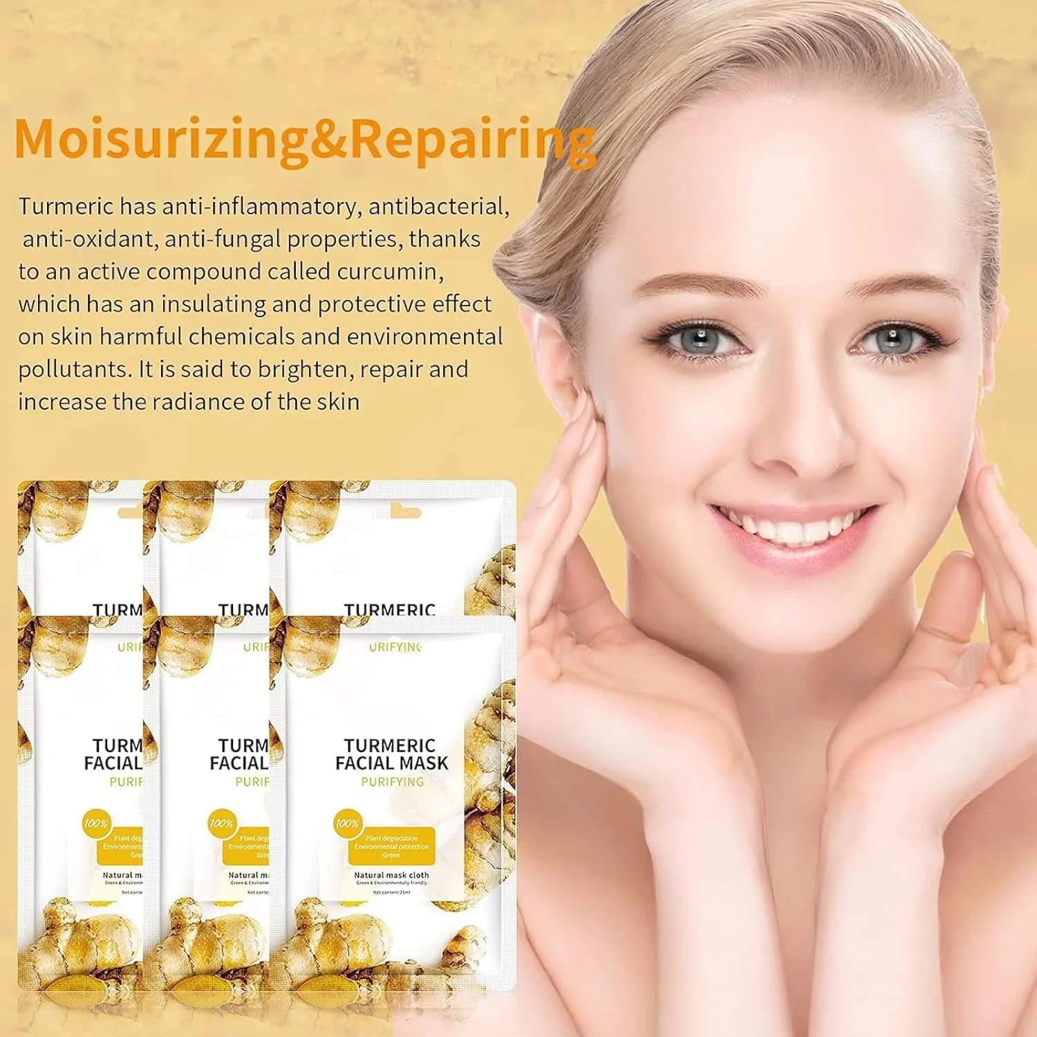 ماسک صورت ورقه ای زردچوبه برای پوست، ماسک های ورقه ای ضد جوش صورت، ماسک صورت مراقبت از پوست، ماسک های آبرسان پوست، ماسک ورقه ای صورت برای کنترل چربی و جوش، 10 عدد