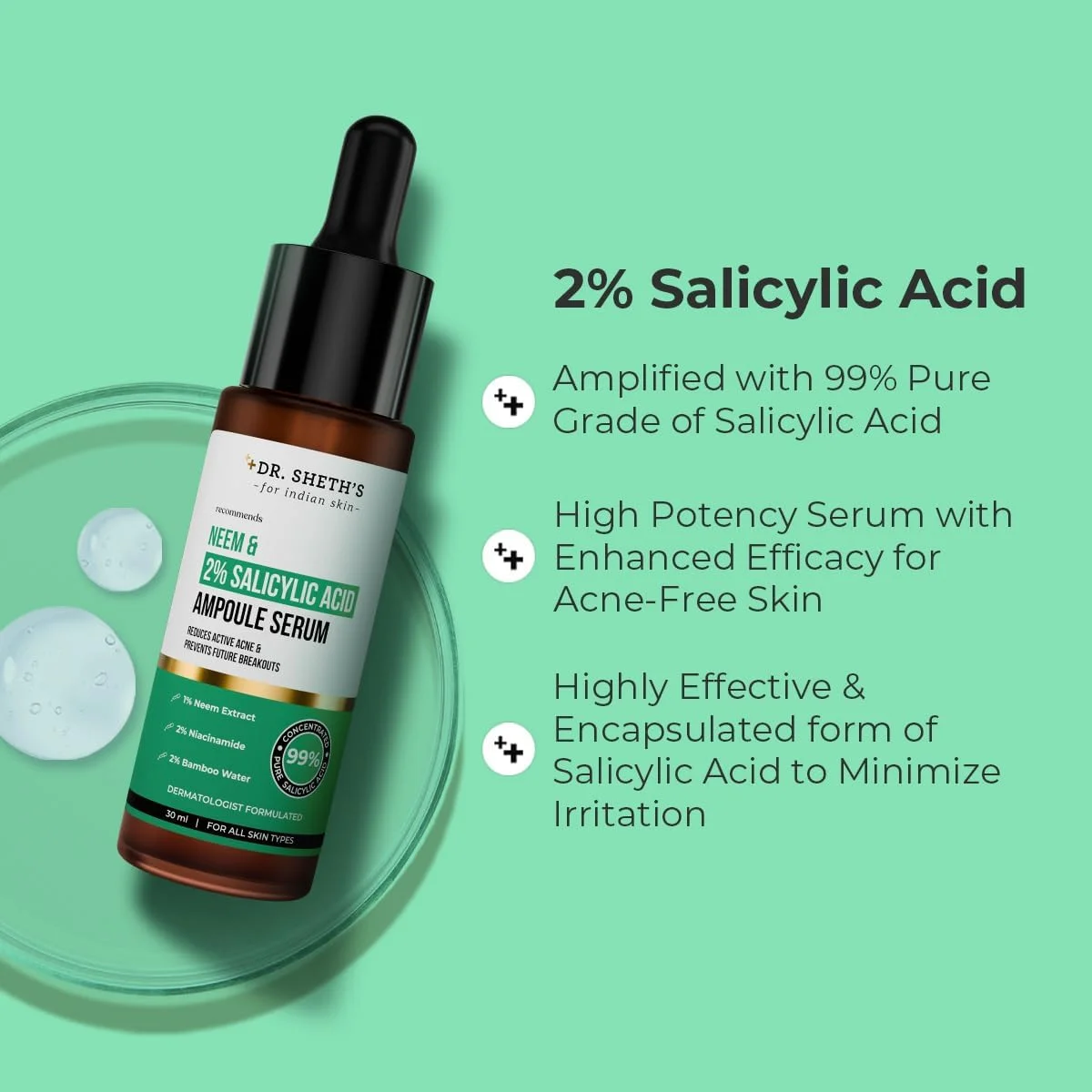 سرم درخت چریش و سالیسیلیک اسید دکتر شث برای جوش های فعال، جوش های سرسیاه و منافذ باز | 2% سالیسیلیک اسید و 1% نیاسینامید | برای پوست های چرب و مستعد آکنه | آقایان و بانوان | 30 میلی لیتر