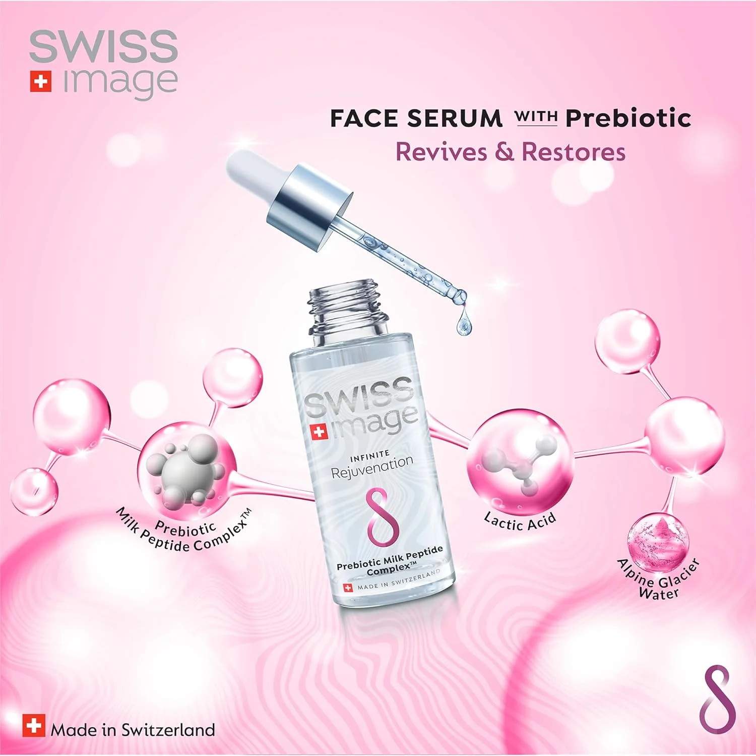 سرم جوانساز صورت Swiss Image، ۳۰ میلی لیتر، کنترل آکنه، کاهش چین و چروک، آبرسان، متعادل کننده چربی، پپتید شیر برای استحکام، پری بیوتیک برای سلامت پوست | ساخت سوئیس | مناسب انواع پوست