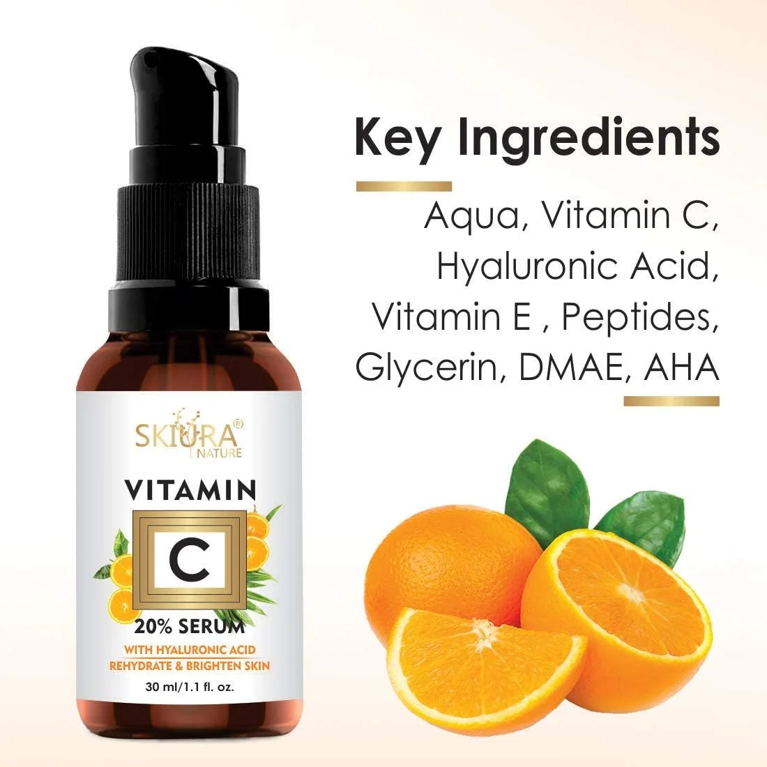 سرم ویتامین C طبیعی 20% با اسید هیالورونیک، رتینول و ویتامین E برای پوست درخشان صورت، ضد آکنه، ضد تیرگی دور چشم، روشن کننده لکه های تیره و ترمیم کننده پوست آسیب دیده - 30 میلی لیتر