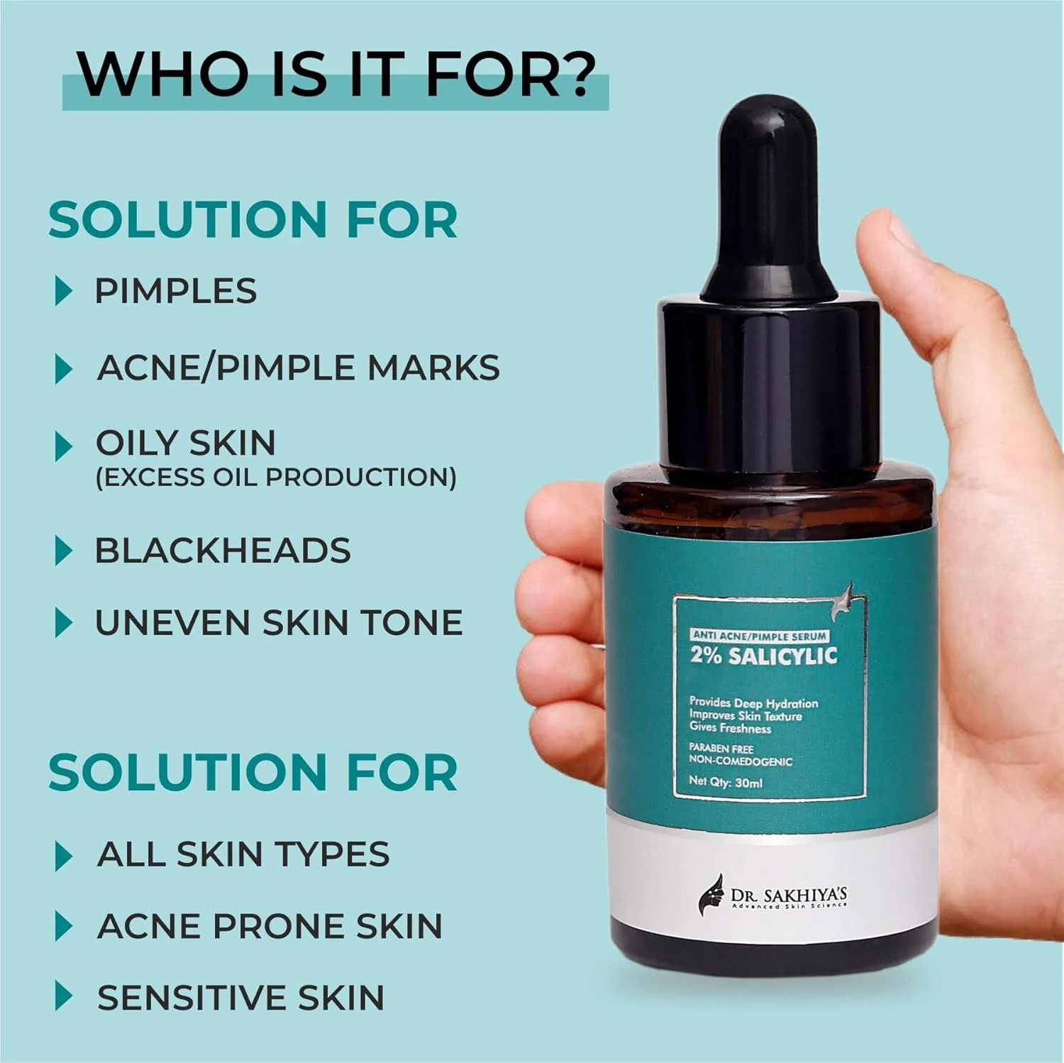 سرم صورت حاوی ۲% سالیسیلیک اسید دکتر سخیا - ضد جوش و آکنه - ۳۰ میلی لیتر (تک عددی) / سرم صورت مناسب استفاده روزانه / برای جوش های سرسیاه / مناسب پوست های چرب و مستعد آکنه