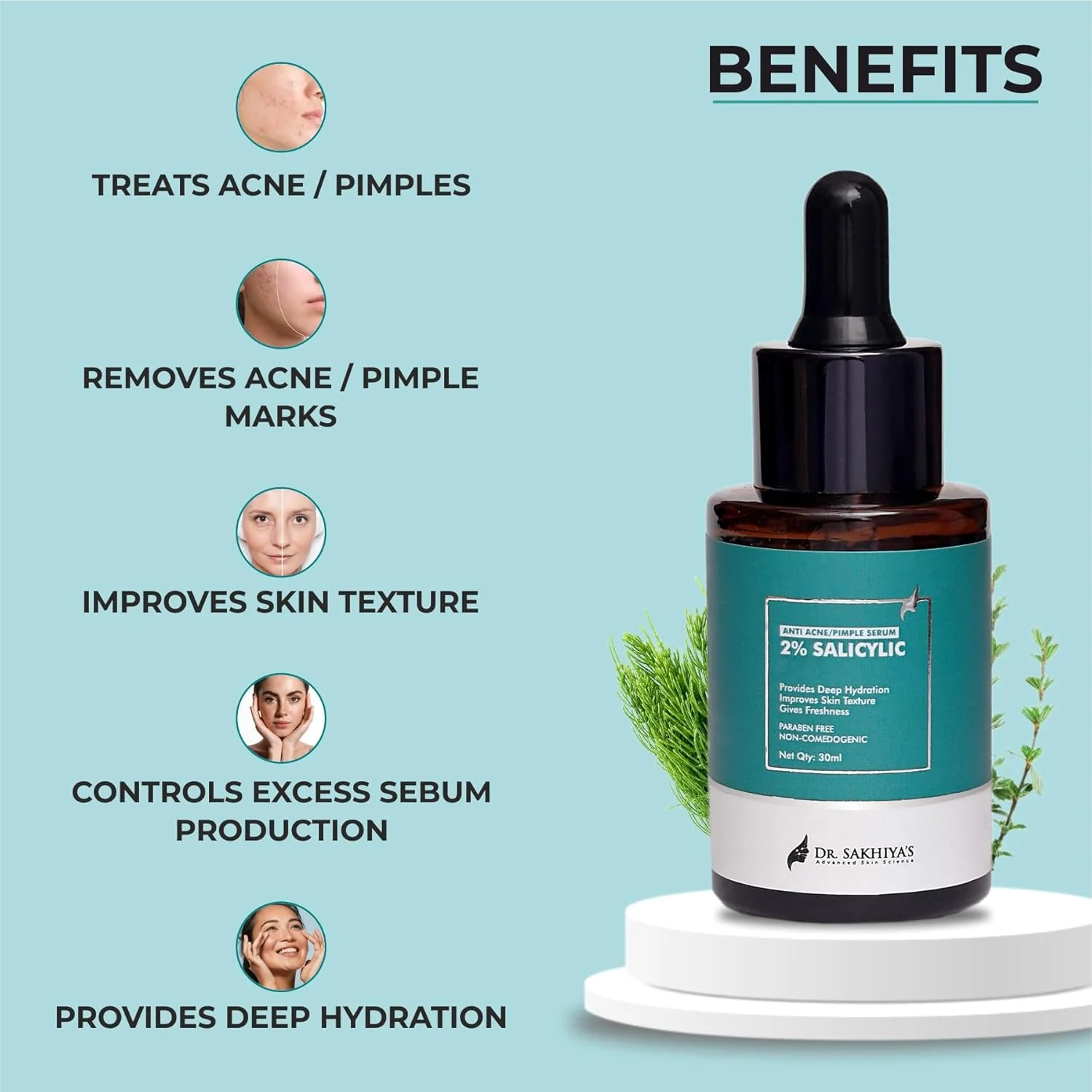 سرم صورت حاوی ۲% سالیسیلیک اسید دکتر سخیا - ضد جوش و آکنه - ۳۰ میلی لیتر (تک عددی) / سرم صورت مناسب استفاده روزانه / برای جوش های سرسیاه / مناسب پوست های چرب و مستعد آکنه