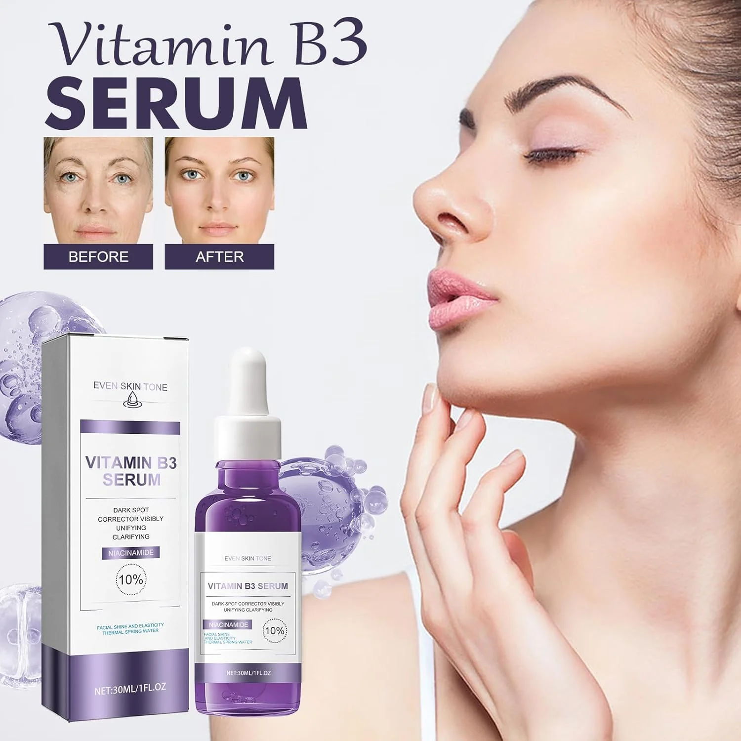 سرم صورت ویتامین B3، سرم روشن کننده و اصلاح کننده لک های تیره با اسید هیالورونیک، اسانس صورت ضد پیری برای انواع پوست، خطوط ریز و چین و چروک، سفت کننده پوست و کاهش دهنده چین و چروک